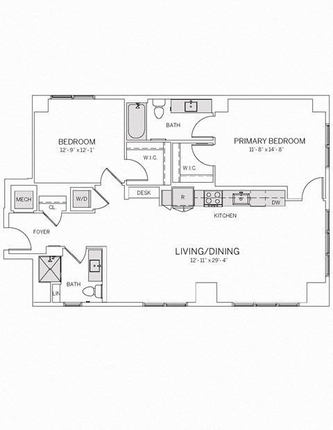 Floor plan for 2 beds, 2 baths, 1140 sqft